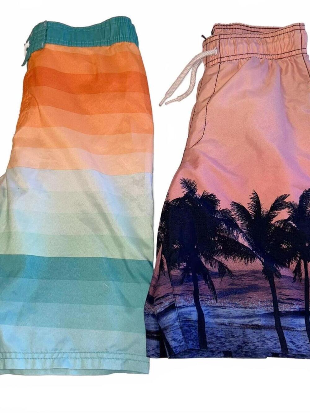 Two Pairs Lined Boys Swim Trunks "Palm Trees & Striped" Size 12 - 14